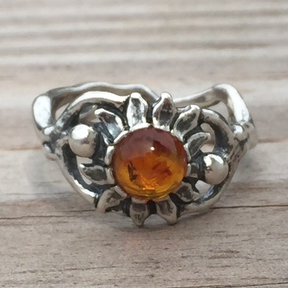 Sunflower Dancer Ring .925 Sterling Silver w/ genuine Amber - Picture 2 of 8